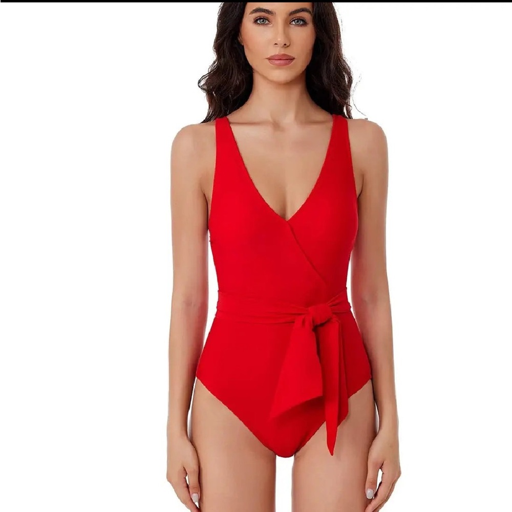 Elegant Red  One Piece Swimsuit, V-Neck, Wraparound Waist Tie